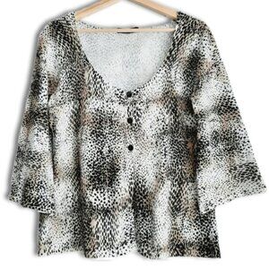 LINDA MATTHEWS Fine Knit Button Front Cardigan Cheetah Animal Print Sz L